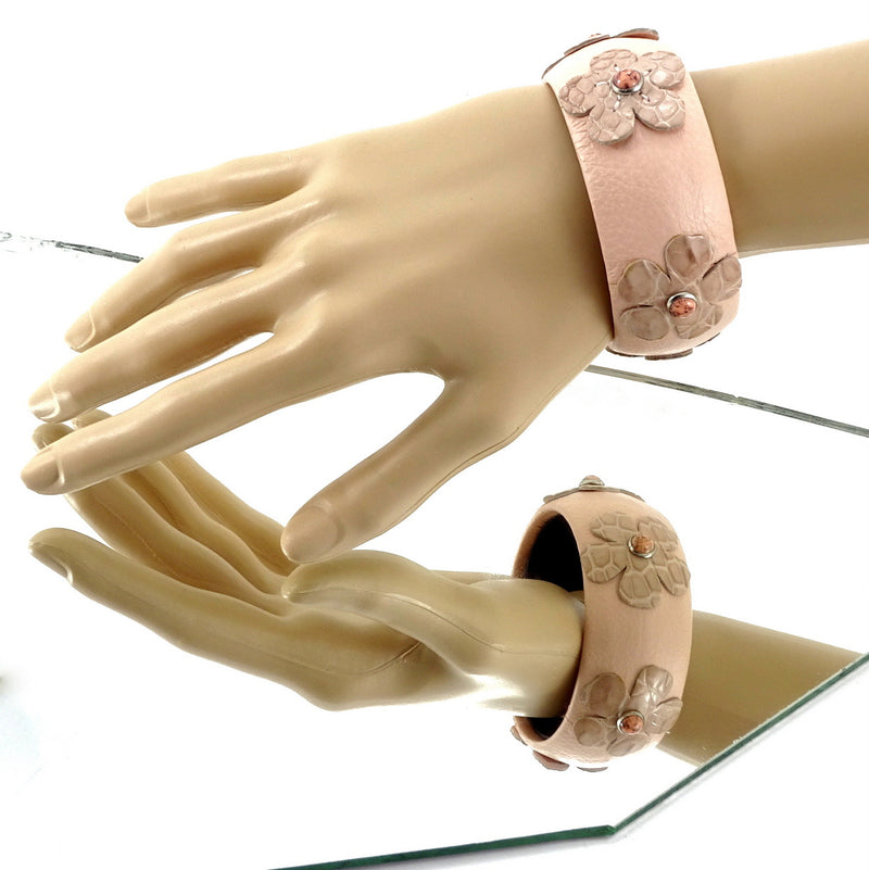 Bangle small (Kim) moulded round decorated leather jewellery - pale pink leather with pale pink crocodile flowers & pink stone studs