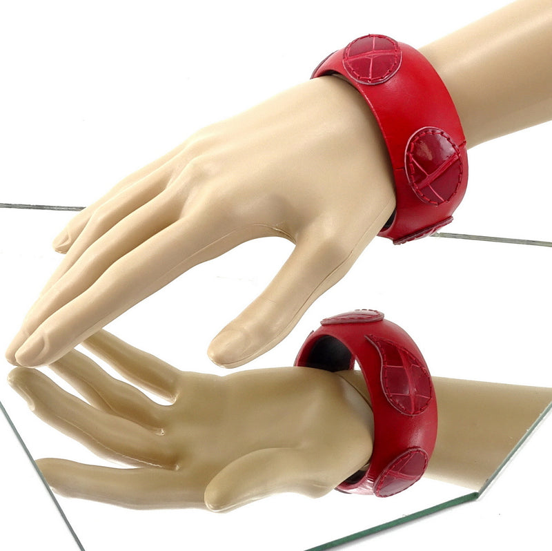 Bangle small (Kim) moulded round decorated leather jewellery - red leather with red crocodile shapes stitched on