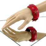 Bangle small (Kim) moulded round decorated leather jewellery - red leather with red crocodile flowers & green crystal studs