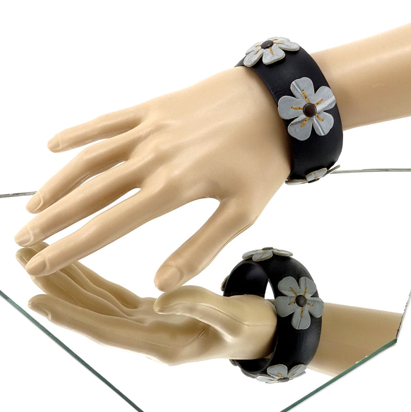 Bangle small (Kim) moulded round decorated leather jewellery - black leather with blue crocodile flowers & black studs