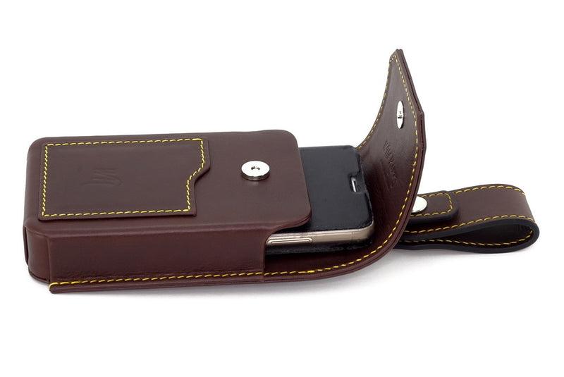 Holster style phone case with phone in place and lid open