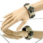 Bangle small (Kim) moulded round decorated leather jewellery -  cream leather with dark green fish skin & amber crystal studs