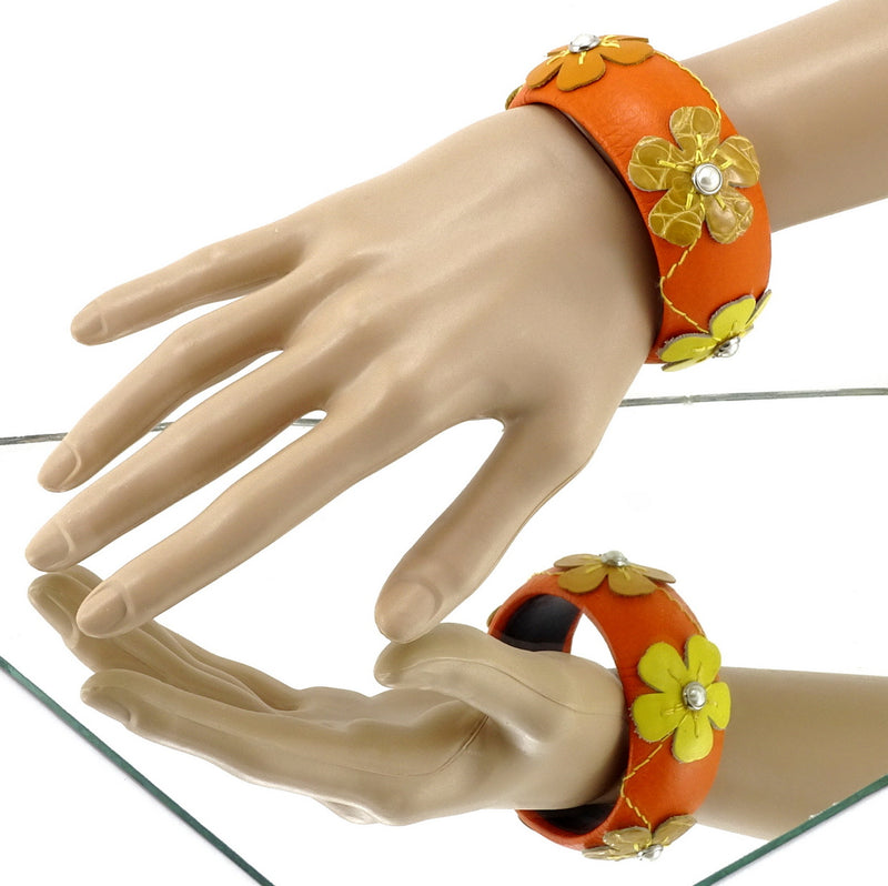 Bangle small (Kim) moulded round decorated leather jewellery - orange leather with silk crocodile & leather flowers