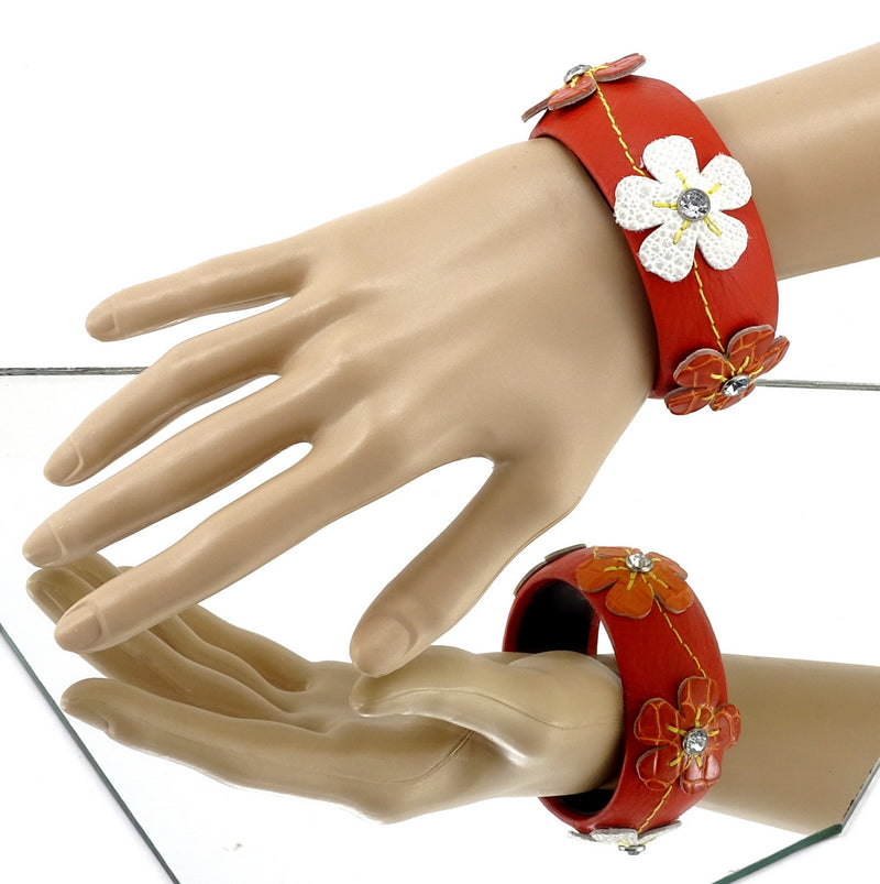 Bangle small (Kim) moulded round decorated leather jewellery - orange leather withe crocodile & bull frog flowers and crystal studs