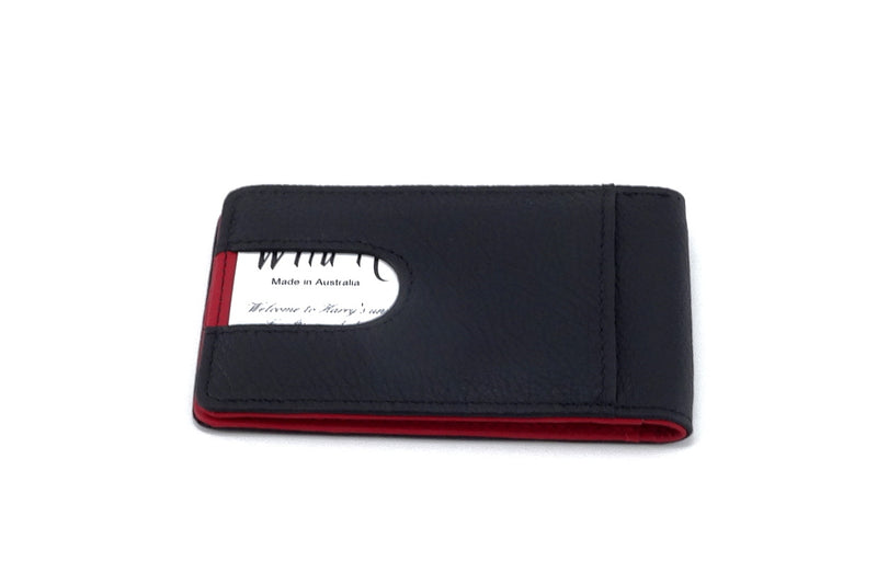 Charcoal leather bill fold wallet back outside view showing thumb pocket in use