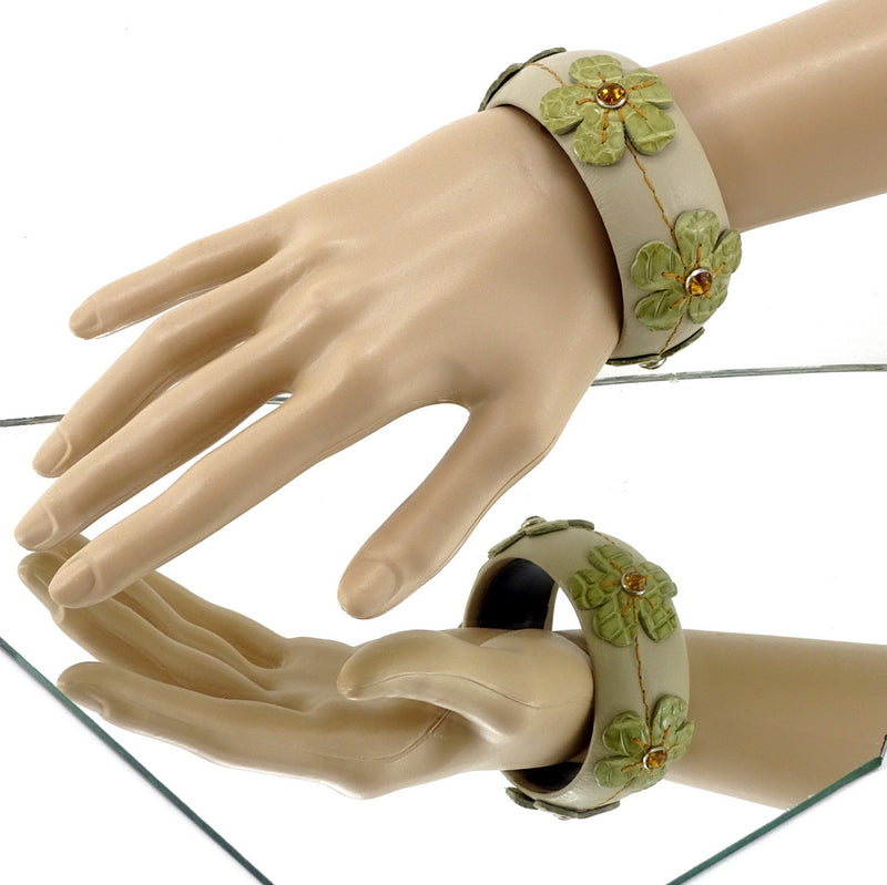 Bangle small (Kim) moulded round decorated leather jewellery - pale green leather with pale green crocodile flowers & crystal studs
