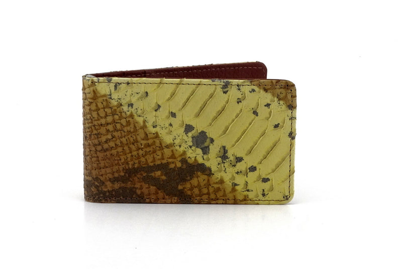 Bill fold wallet front outside view tan & yellow snake print leather