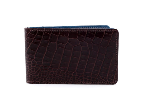 Bill fold burgundy brown croc printed leather outside front view