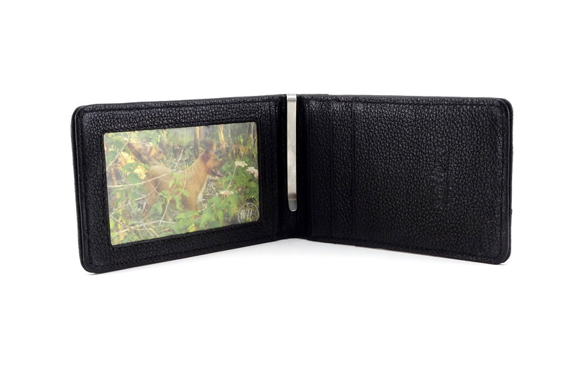 Billfold wallet inside view black leather picture window credit card pockets and money clip