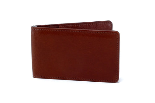 Rusty tan leather bill fold wallet front outside view