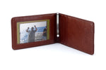 Rusty tan leather bill fold wallet inside view leather showin picture window money clip 3 credit card pockets