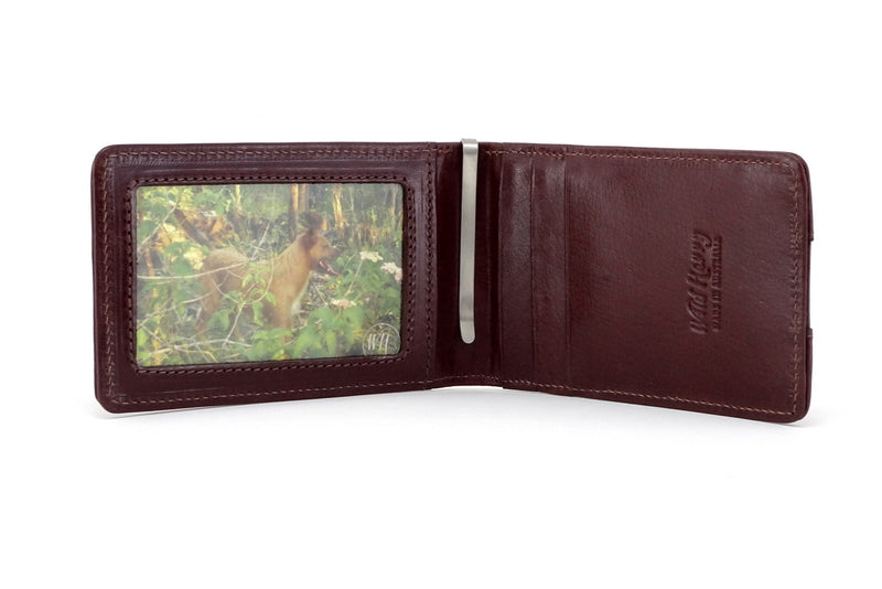 Tan leather bill fold wallet inside view picture window 3 credit card pockets and money clip