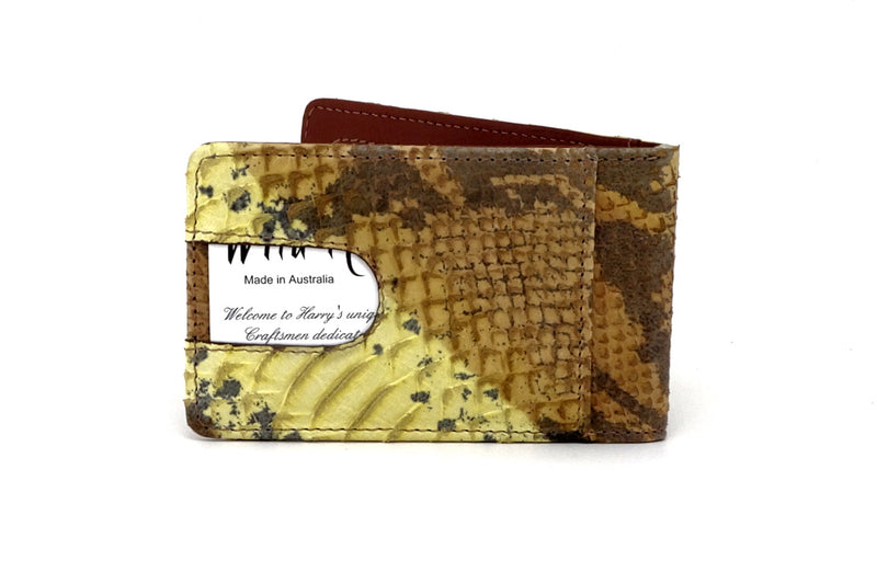 Bill fold wallet back pocket outside view tan & yellow snake print leather 