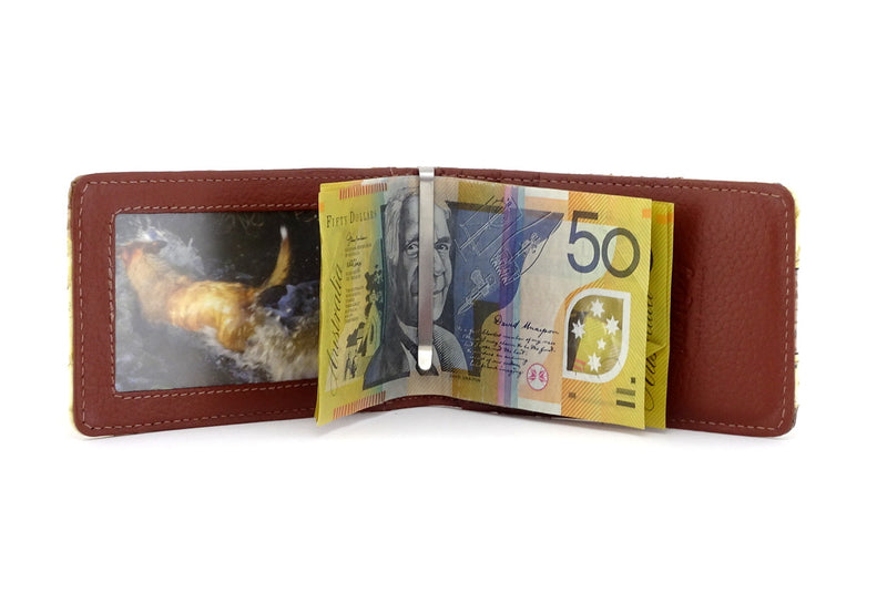 Bill fold wallet inside view in use with notes, picture and credit cards showing