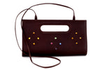 Susan large clutch evening bag brown with coloured crystals front view showing shoulder strap attached