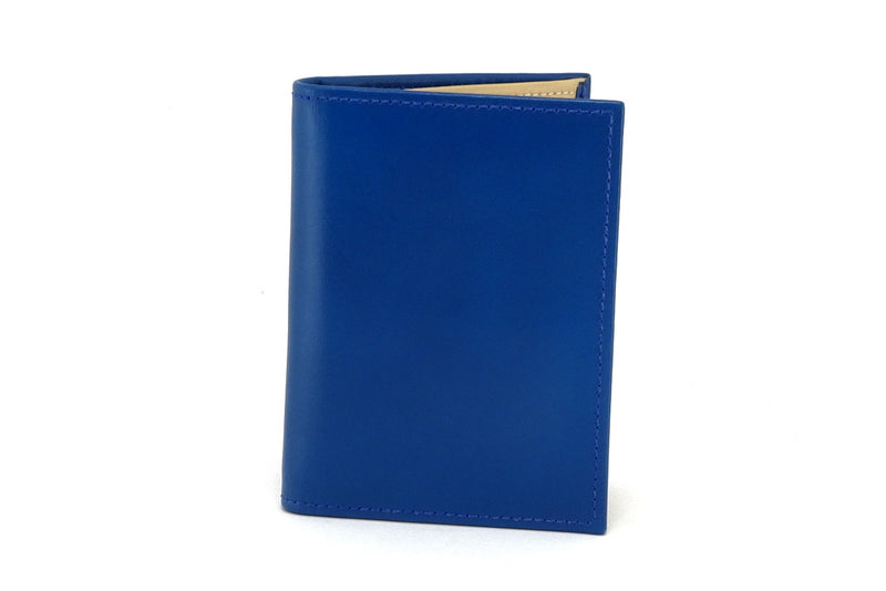 Business card wallet Blue leather side gusset outside view