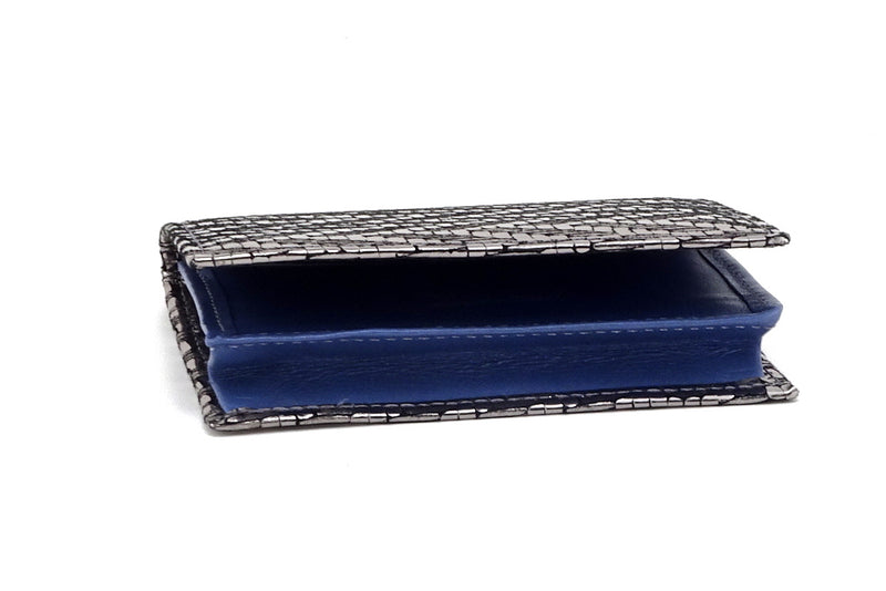 Business card wallet silver zig zag printed leather box gusset side view