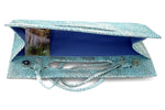 Susan mermaid blue evening clutch bag shoulder straps attached inside view showing strap removal method