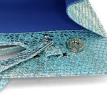 Susan mermaid blue evening clutch bag shoulder straps attached inside view showing removal method