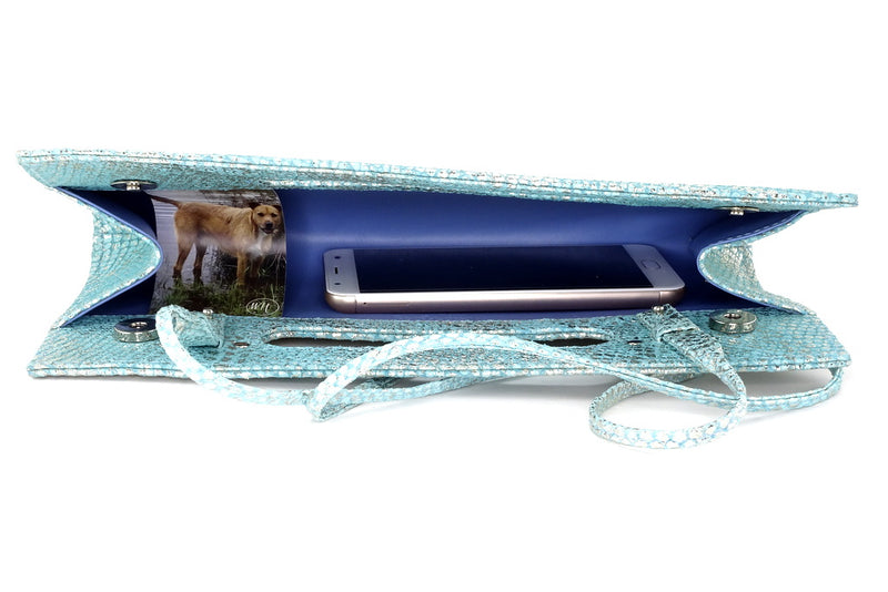 Susan mermaid blue evening clutch bag shoulder straps attached inside view showing large smart phone inside