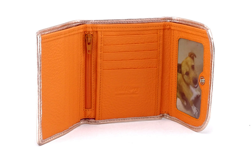 Dorothy  Trifold purse - Pink metallic sheep skin leather ladies wallet inside picture window
