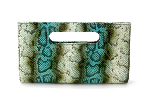 Susan snake printed leather olive & blue evening clutch bag showing chain shoulder strap removed front view