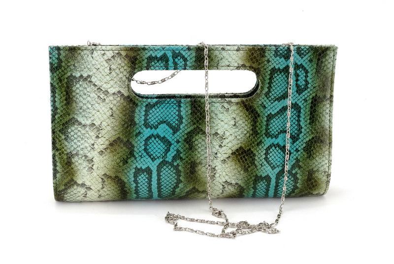 Susan snake printed leather olive & blue evening clutch bag showing chain shoulder strap attached front view