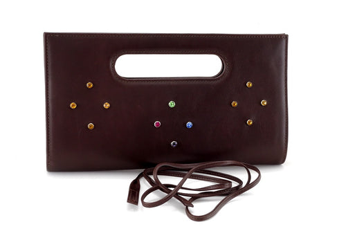 Susan large clutch eveinging bag with crystals brown front view showing shoulder strap off