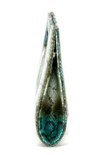 Susan snake printed leather olive & blue evening clutch bag showing chain shoulder strap removed side view showing vase shape of the bag
