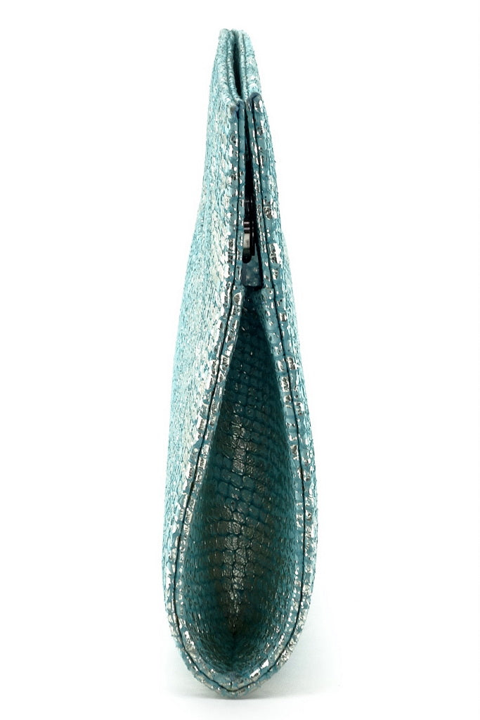 Susan mermaid blue evening clutch bag shoulder straps remved showing vase shape  view