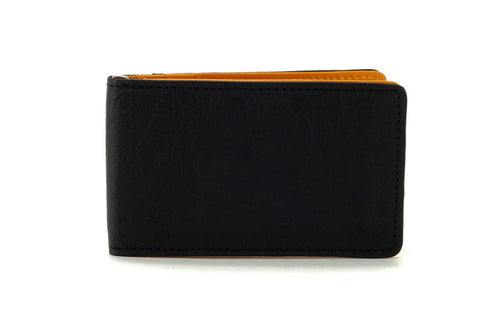 Bill fold - Daryle - Black leather with mango leather lining small men's wallet showing front view