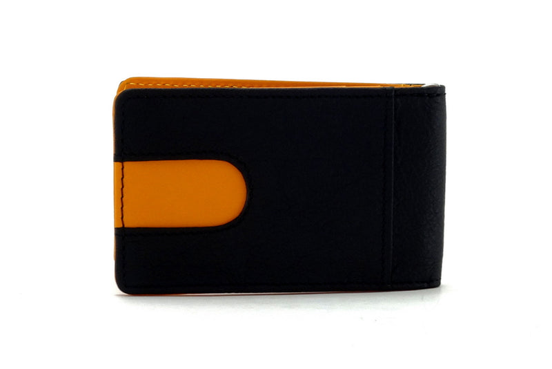 Bill fold - Daryle - Black leather with mango leather lining small men's wallet showing back pocket with mango lining