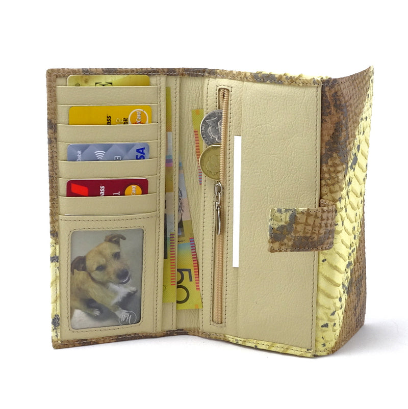 Lyla  Yellow and grey leather snake print ladies clutch purse inside pocket layout in use