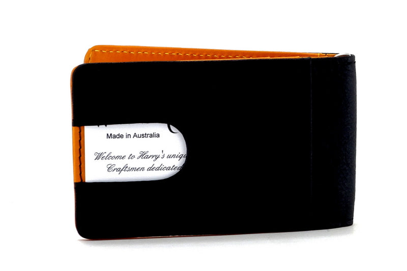 Bill fold - Daryle - Black leather with mango leather lining small men's wallet showing back pocket with card inserted