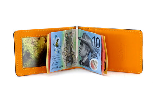 Bill fold - Daryle - Black leather with mango leather lining small men's wallet showing money clip with notes in use