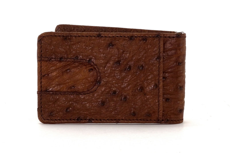 Billfold - Daryle - Brown ostrich leather, ostrich lining man's small wallet showing back pocket view