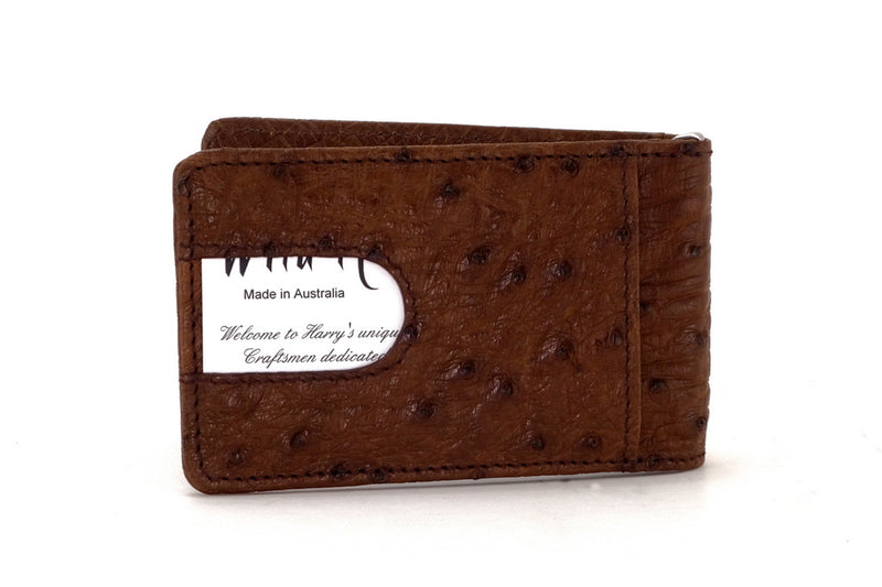 Billfold - Daryle - Brown ostrich leather, ostrich lining man's small wallet showing back pocket with business card in pocket