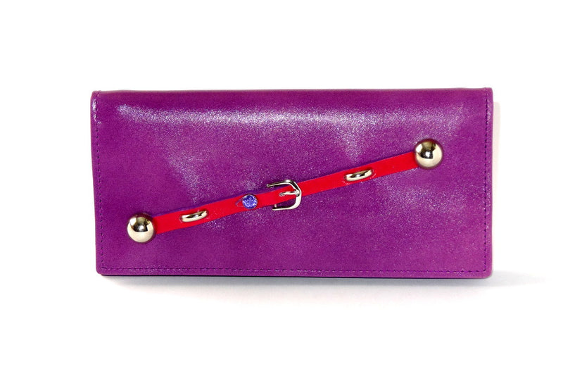 Caitlin  Purple leather red strap buckle stud detail ladies purse front view