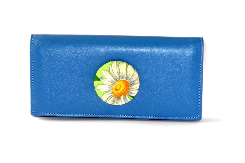Caitlin  Sky Blue leather daisy fabric button detail ladies purse front view