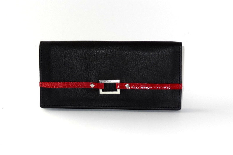 Caitlin  Black leather with red accents ladies purse front view