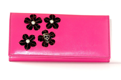 Caitlin  Pink leather with flower, pearls & skull detail ladies purse front view