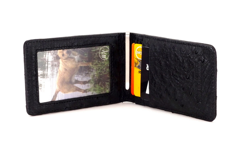Bill fold - Daryle - Black Ostrich small men's wallet - showing the inside view with picture in picture window & cards in the card pockets