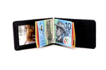 Bill fold - Daryle - Black Ostrich small men's wallet  showing the inside view with the money clip full of notes