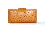 Tan ostrich skin leather large ladies clutch purse front tab