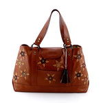 Felicity  Tan leather with star & stud detail tassel large tote bag front handles up