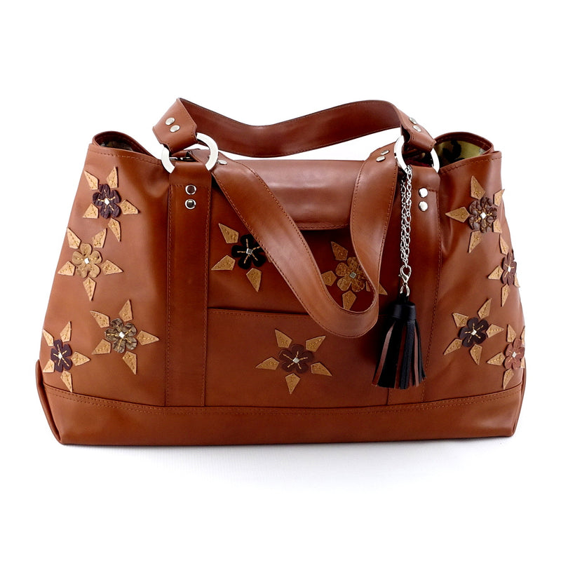 Felicity  Tan leather with star & stud detail tassel large tote bag front handles down