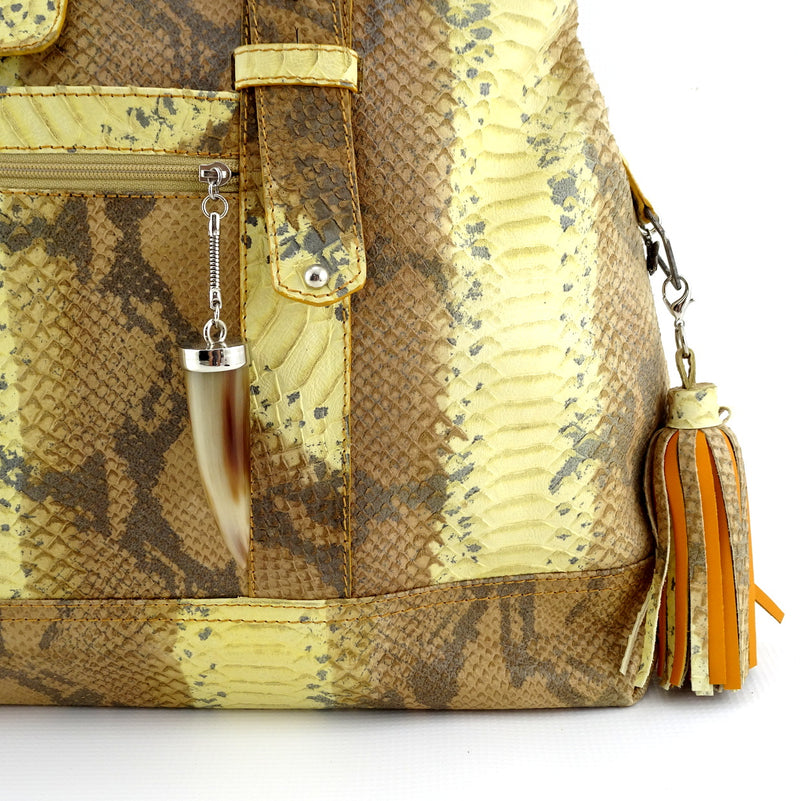 Felicity  Yellow and brown snake print leather large tote bag cow horn and tassel details