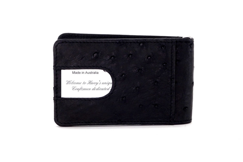 Bill fold - Daryle - Black Ostrich small men's wallet leather lining showing back pocket view with card inserted
