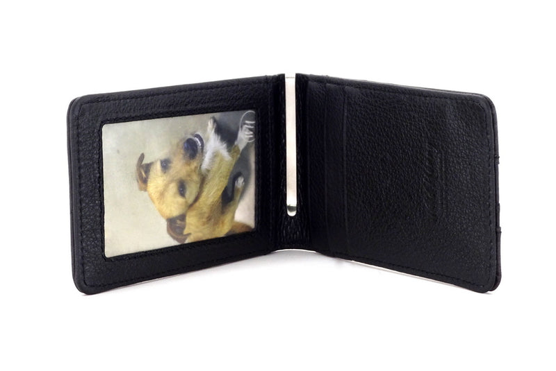 Bill fold - Daryle - Black Ostrich small men's wallet leather lining showing inside view pockets and picture window