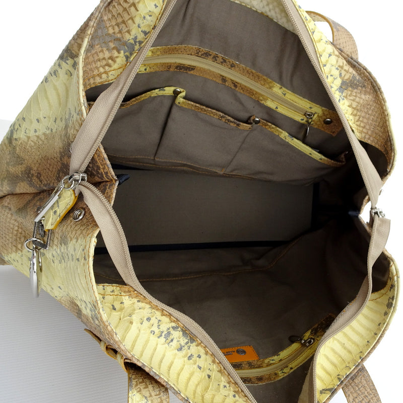 Felicity  Yellow and brown snake print leather large tote bag inside pockets